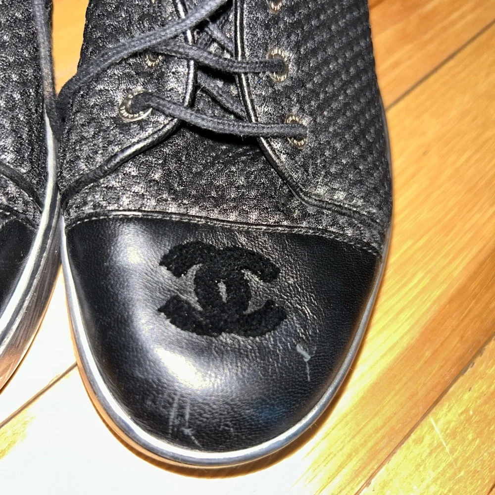 CHANEL Black Woven High-Top Sneakers with Metallic Sole